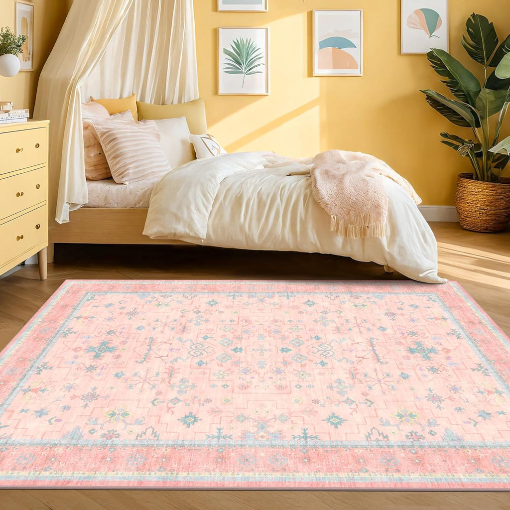 Skiennix Boho Area Rug - Washable Pink & Blue Floral Design | 6x8 Soft Non-Slip Carpet for Kids' Rooms