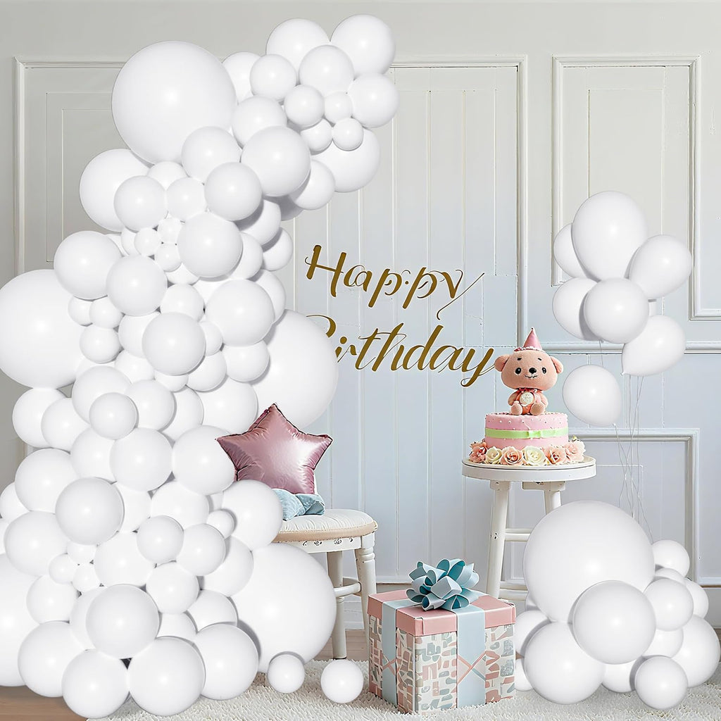 Ouddy White Balloon Set - 129Pcs in Various Sizes with 6Pcs 18” Matte Arch Garland Kit | Perfect for Parties & Celebrations