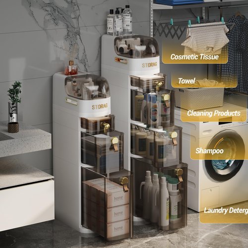 IYINIYI 4-Tiers Slim Bathroom Storage Cabinet, Plastic Narrow Rolling Bathroom Floor Organizer with Drawers & Tissue Box for Small Spaces Laundry Kitchen Living Room, Waterproof & No Installation