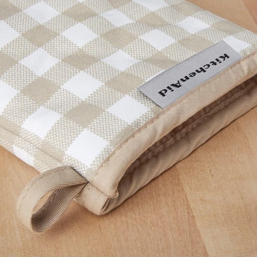 KitchenAid Mini Oven Mitts - Gingham 2-Pack Set in Milkshake Tan, 5.5"x8" for Easy Handling