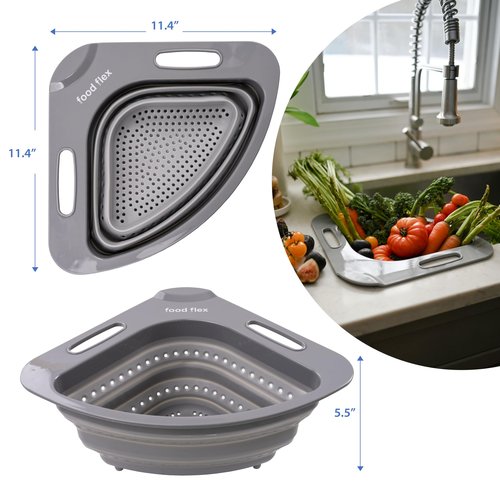 Food Flex Collapsible Corner Colander – Space-Saving Over Sink Strainer, 3.5 Qt, Grey