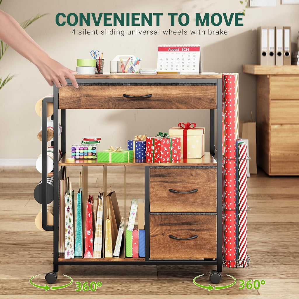 PUNLUXU Wrapping Paper Storage Cart - Rolling Gift Wrap Organizer with Ribbon & Gift Bag Holder | Perfect for Crafts & Christmas