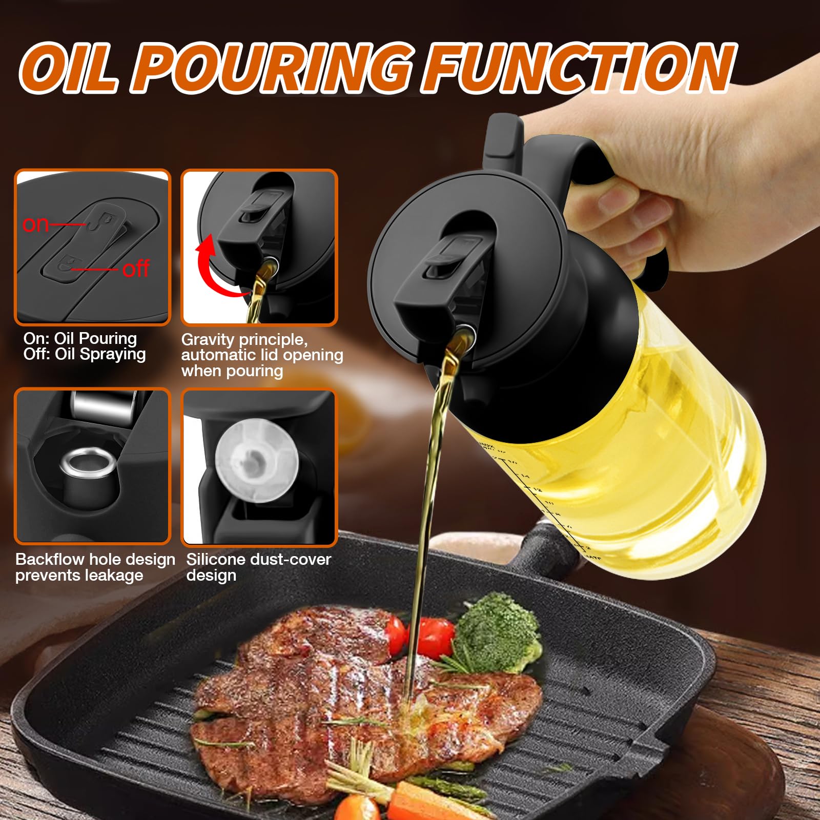 YARRAMATE Large Capacity 2 in 1 Oil Sprayer for Cooking with Measuring, 18oz/550ml Olive Oil Dispenser for Kitchen, Food-grade Oil Spritzer Bottle for Air Fryer, Salad BBQ (Black)
