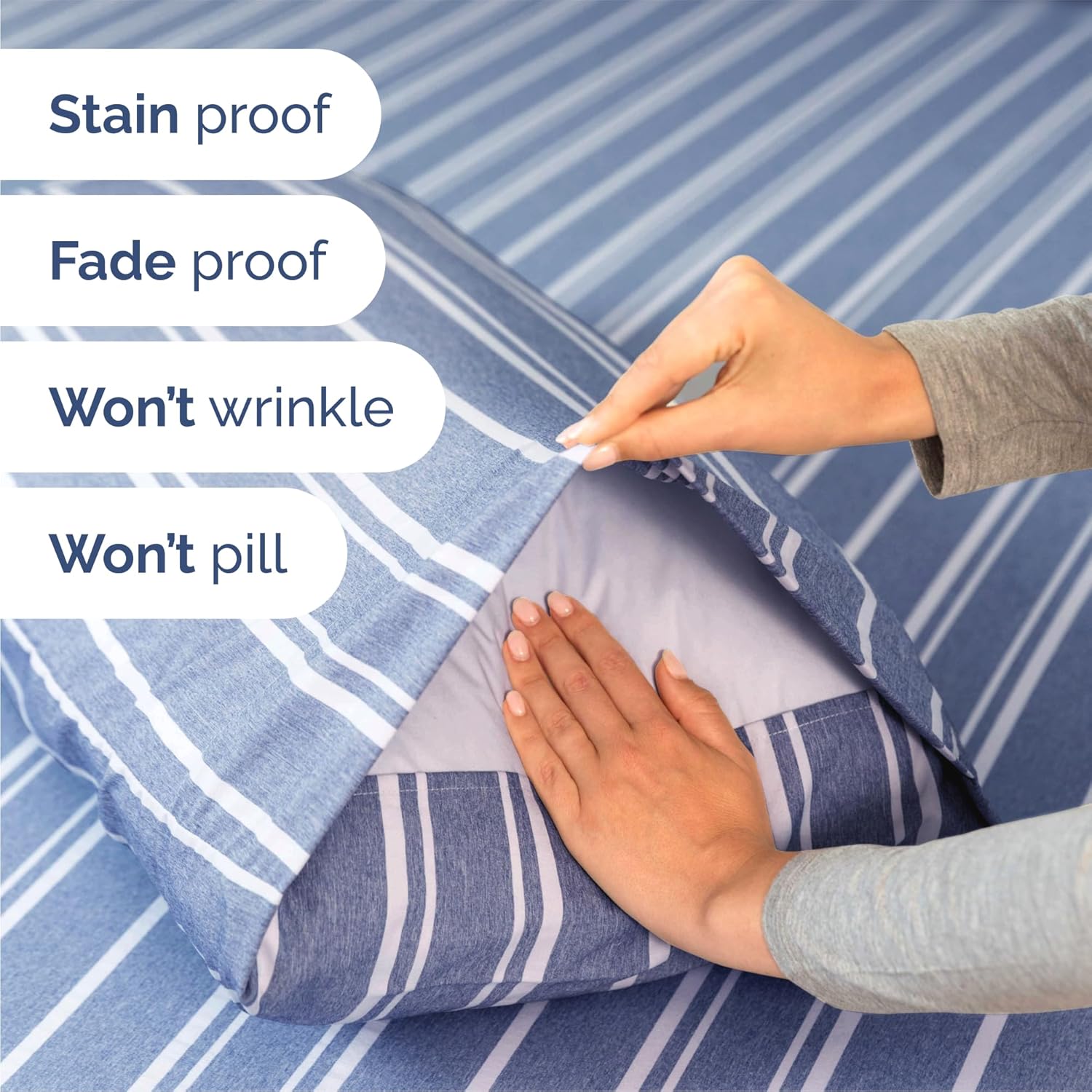 Queen Size 4-Piece Sheet Set - Comfy Cooling Bed Sheets for Luxury Bedding - Deep Pockets, Soft & Wrinkle-Free - Oeko-Tex Certified - Blue Stripes