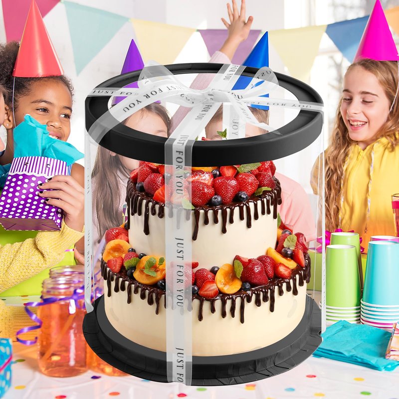 JCD Black Multi-Layer 10 * 10 Inch Round Clear Cake Boxs with Ribbon,6 Pack Tall Transparent Packaging Cake Containers PET Cake Carrier Box for Birthday (Black, Round 10inch/6pcs)