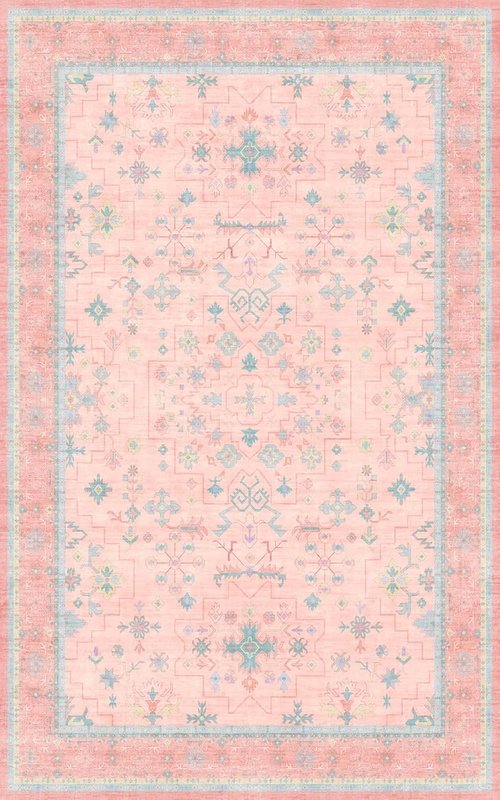 Hazo Haus Washable 5x8 Boho Aesthetic Area Rug - Pink & Blue Vintage Design for Kids' Playroom