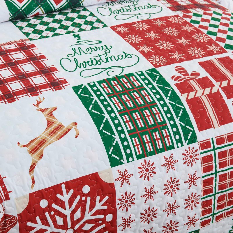 WONGS BEDDING Christmas Quilt Set Queen Size, Reversible Christmas 3-Piece Bedspread Set with Elk Snowflake Pattern, Soft and Lightweight Plaid Quilt Coverlet Bed Set for All Season(96"×90“)
