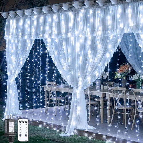 JMEXSUSS Curtain Lights - 900 LED White String Lights with Remote | 9.5x29.5ft Indoor/Outdoor Decor