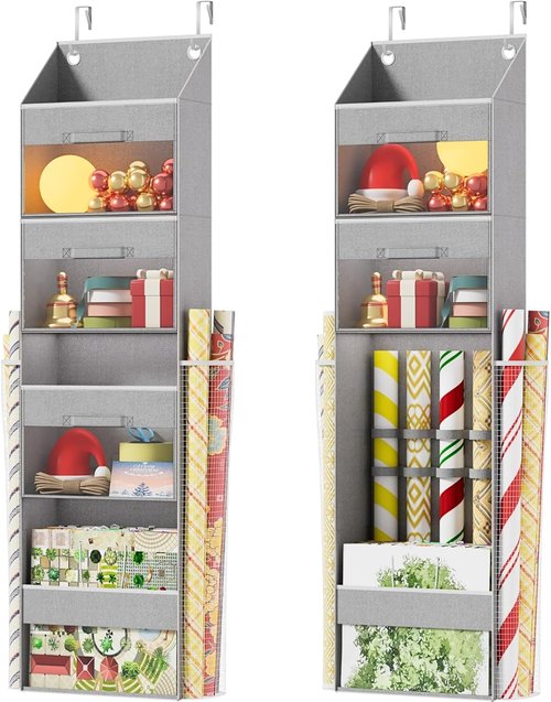 Light Grey Over Door Wrapping Paper Organizer by [Brand Name] - 3 Removable Drawers & Side Pockets for Ribbons, Bows, and More