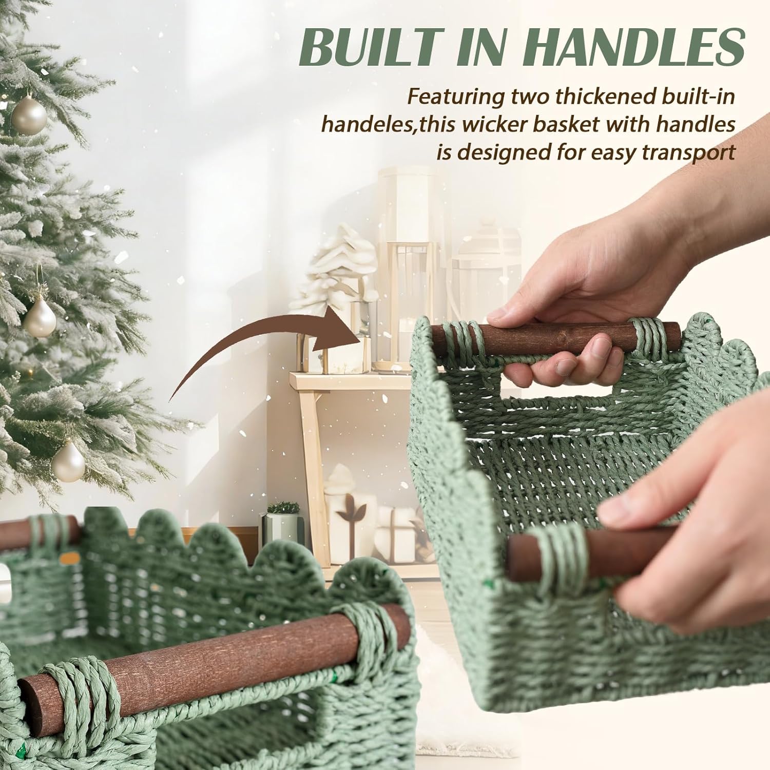 Regine Switzerland Handwoven Toilet Paper Storage Baskets - Set of 2, Scalloped Design, Green