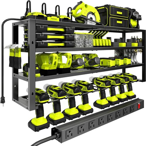 Large Power Tool Organizer by Heavy Duty Metal - Wall Mount with Charging Station & 8 Outlet Power Strip | Holds 420lbs
