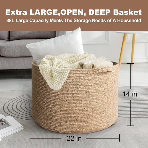 MEGASKET Large Wicker Storage Basket - 22” X 22” X 14” Cotton Rope Organizer for Toys & Blankets - Brown