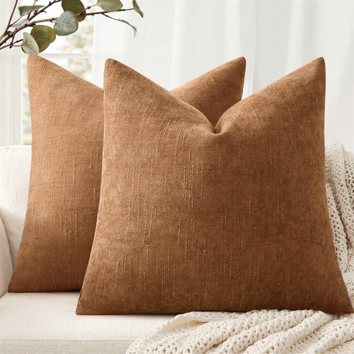 ANRODUO Pack of 2 Decorative Textured Throw Pillow Covers Soft Bronze Euro Square Accent Solid Chenille Cushion Cover Cozy Farmhouse Pillow Case for Couch Sofa Bed Living Room Home Decor 22x22 Inch