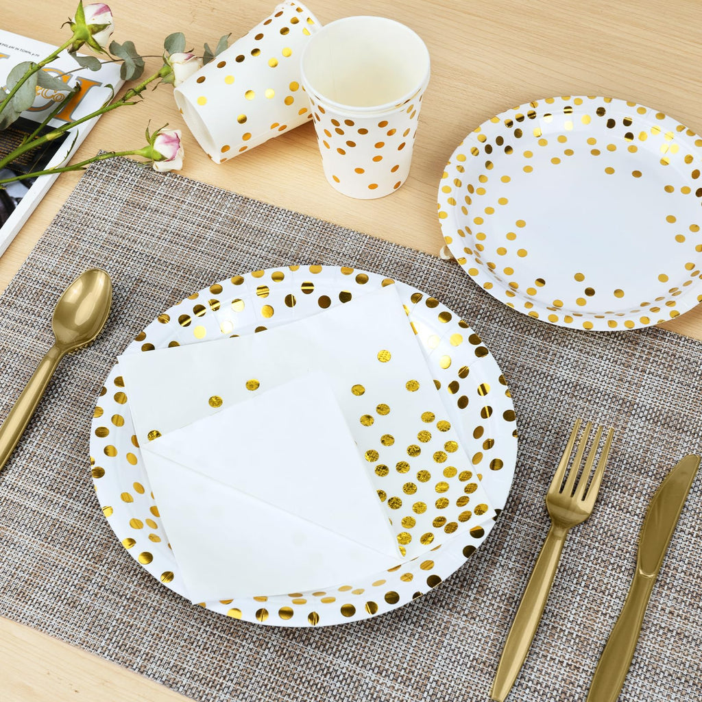 Lzerking Party Supplies Set - 280 Pieces of White and Gold Dot Paper Plates, Cups, Napkins, and Heavy Duty Silverware for 40 Guests for Birthdays, Graduation, Wedding, Festivals