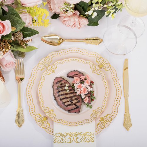 Ciaell 175 PCS Pink and Gold Plastic Plates - Fancy Gold Disposable Dinnerware Set with of 50 Plates, 25 Knives, 25 Forks, 25 Spoons, 25 Cups, 25 Napkins for Party & Weddings & Easter