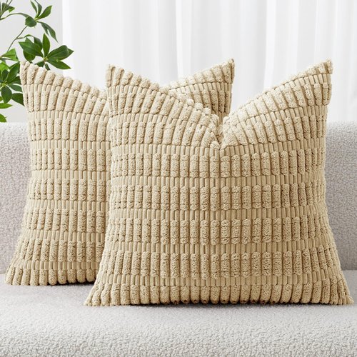 MIULEE Corduroy Throw Pillow Covers - Soft Boho Striped Design | 18x18 Inch Tan for Modern Farmhouse Decor