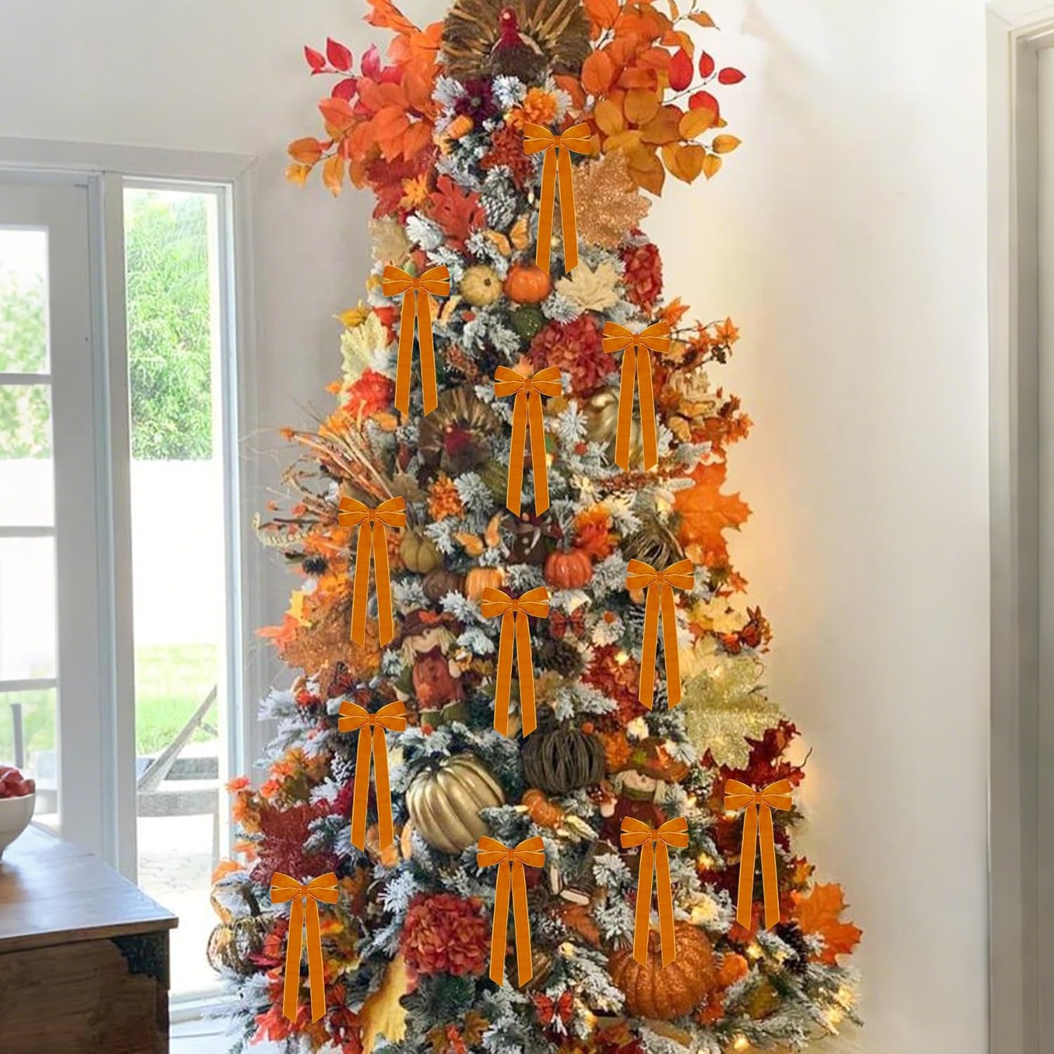 Skiennix 12Pcs Fall Velvet Ribbon Bows - 5in x 10in Orange Christmas Ornaments for Home Decor