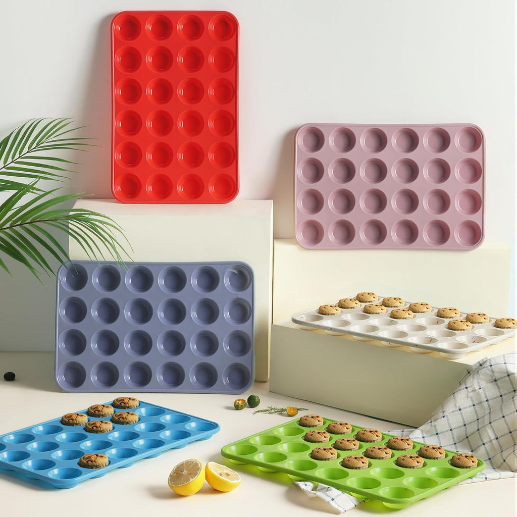 Socisen Silicone Mini Muffin Pan - 24 Cups with Metal Reinforced Frame | Ideal for Baking Cupcakes & Cheesecakes