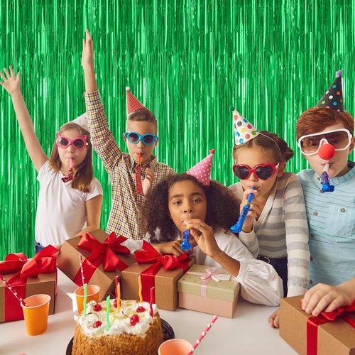 Green Streamer - 8 Pack Metallic Tinsel Fringe Curtains | 3.28 FT x 7.05 FT Dinosaur Backdrop for Jungle Party Decor