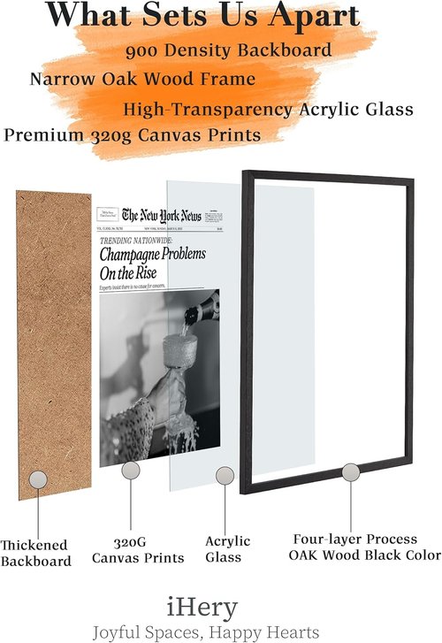iHery Premium Natural Black Oak Wood Wall Art - Trendy Champagne Problems Newspaper Canvas | 16x20in Framed Decor for Dorm & Living Room
