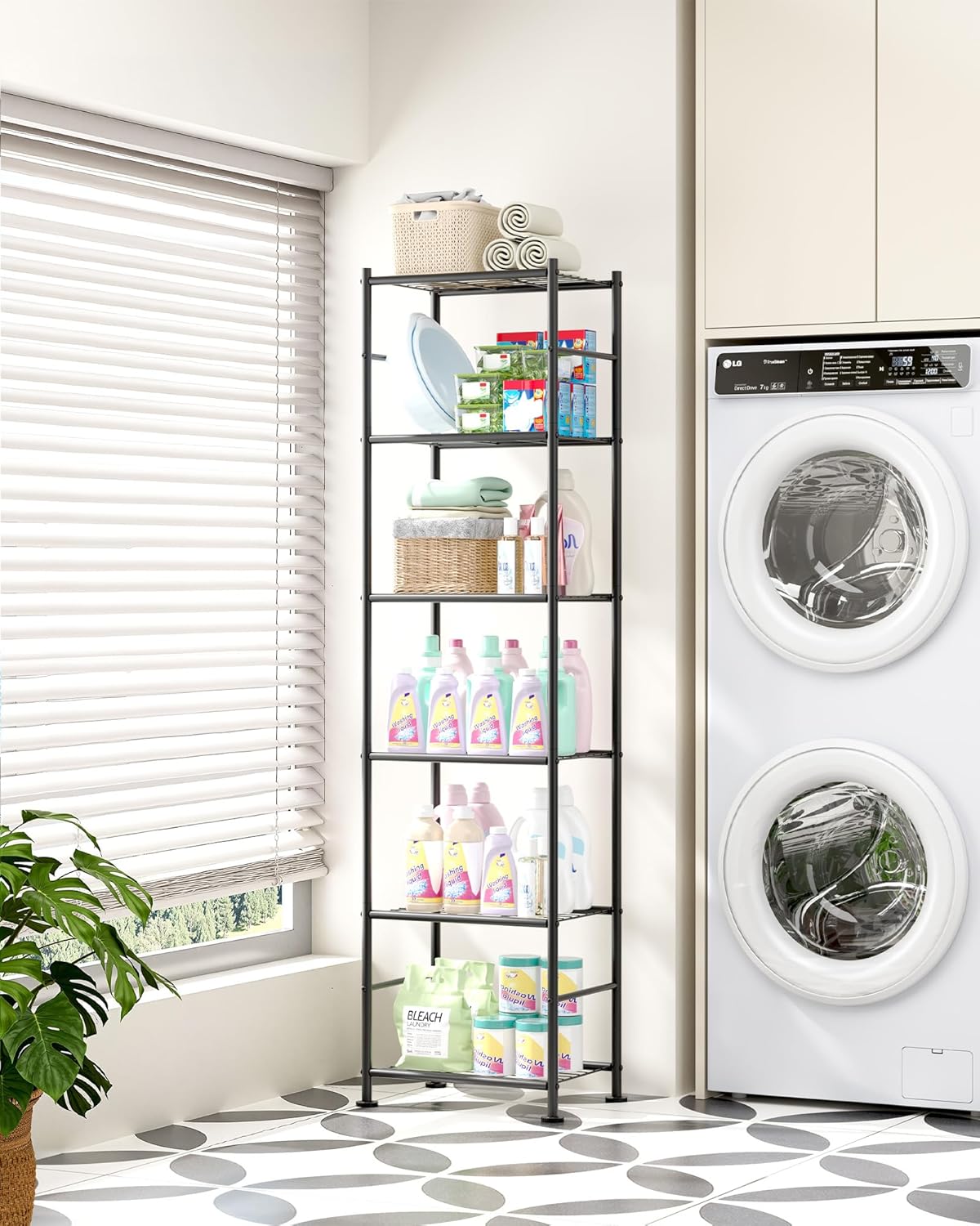 Sakugi 6-Tier Metal Storage Shelves - Slim Organizer with Reinforced Bars for Kitchen & Bathroom | 18.2" x 12.5" x 70.1", Black