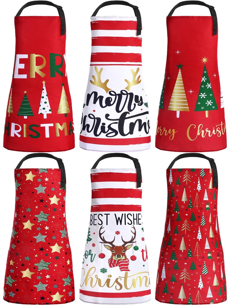 Bencailor Winter Aprons with Pockets Adjustable Holiday Kitchen Aprons Waterproof for Cooking Women Men(Xmas Tree,Red and White,6 Pcs)