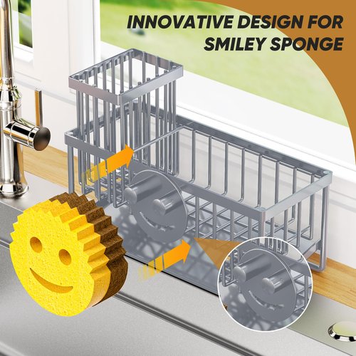 Taugast Smiley Face Sink Caddy, Stainless Steel, Gray, Kitchen Sink Organizer, Self-Draining, Non-Slip, Large, 9.5" x 4" x 6.3"