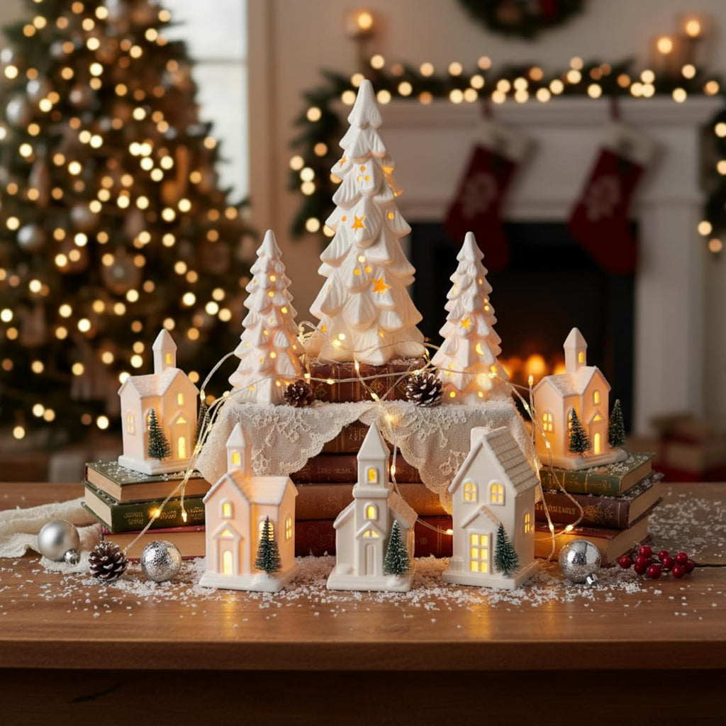 Nuogo Light Up Ceramic Christmas Trees Set - 6 Pcs White LED Trees & Glitter Snow Village Houses for Holiday Decor