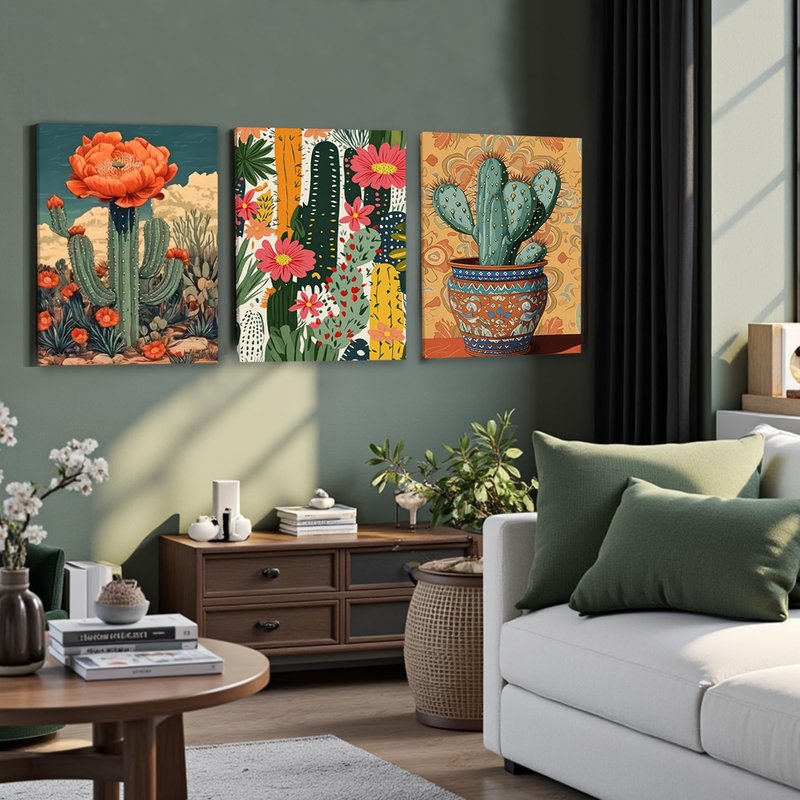 Ovczax Bohemian Style Decorative Paintings, Mexican Cactus Flowers Wall Paintings, Desert Plants Prints 3 - Piece Art Set For Home Office, Bedroom And Living Room 24" x 16"