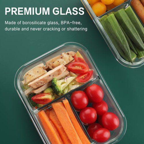HOMBERKING 8 Pack Glass Meal Prep Containers 3 Compartment, 36oz Glass Food Storage Containers with Lids, Airtight Lunch Bento Boxes, Leak Proof (8 lids & 8 Container) - Light White