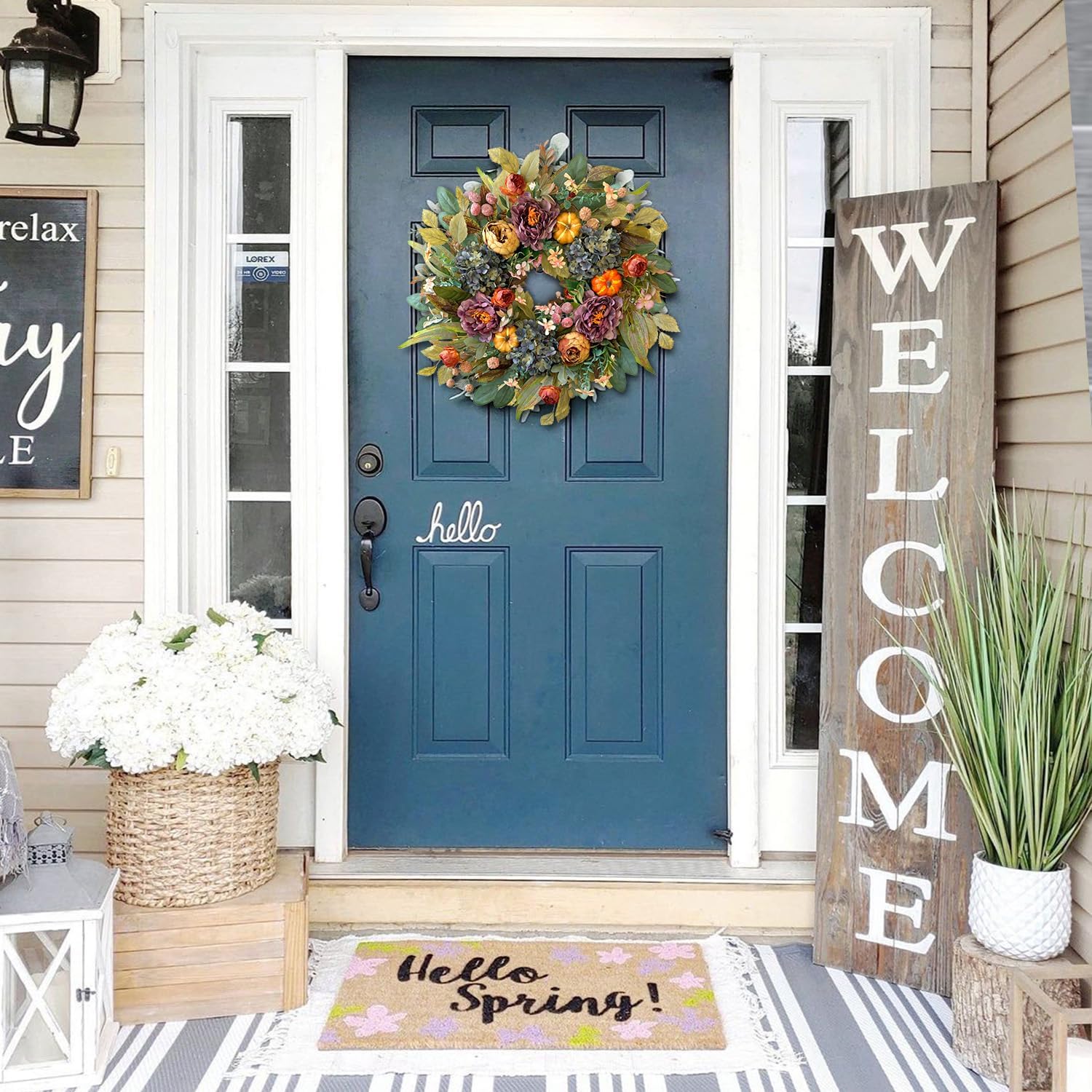 WANNA-CUL 24 Inch Spring & Fall Wreath - Blue Hydrangea & Purple Peony | Autumn Door Decor