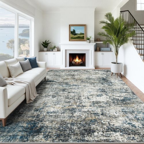 8x10 Washable Area Rug for Living Room: Modern Abstract Rugs Soft Non-Slip Low-Pile Indoor Floor Carpet for Bedroom, Dining Room, Nursery (BlueGreyBrown, 8'x10')