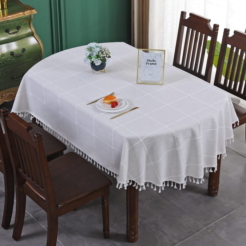 Farmhouse Checkered Embroidery Lattice Oval Tablecloth with Tassel Heavy Duty Rustic Fabric Table Cover Wrinkle Resistant Washable Kitchen Dining Party Wedding Decoration 60 x 84 Inch