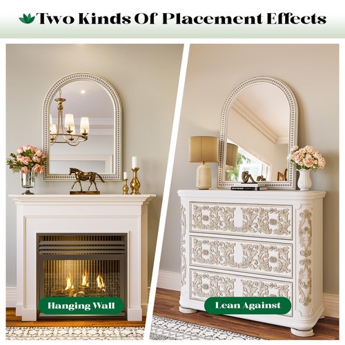 Wiserset Boho Mirror for Wall, 22" x 30" Farmhouse Arched Rustic Wooden Frame Mirror with Beaded, Arch Decorative Wall Mirrors for Bathroom, Vanity, Living Room, Entryway
