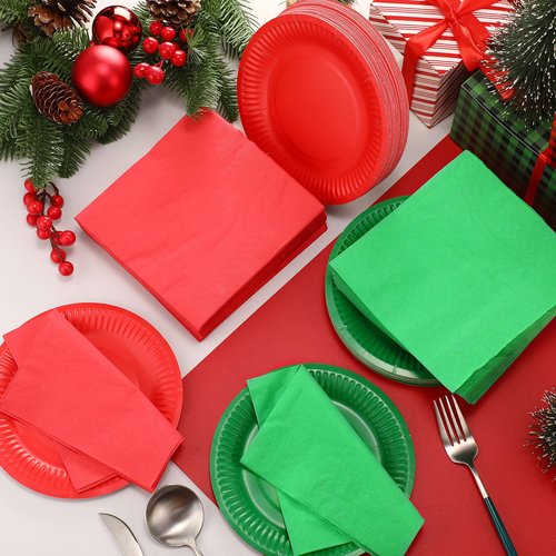Layhit Christmas Plates and Napkins Red Green Christmas Party Supplies Set Disposable Paper Dessert Plates and Napkins for Party(400 Pcs)