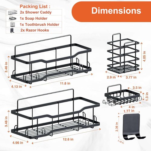 Athena Silken Shower Caddy Set | Rustproof 304 Stainless Steel Organizer - 40LB Capacity - Black