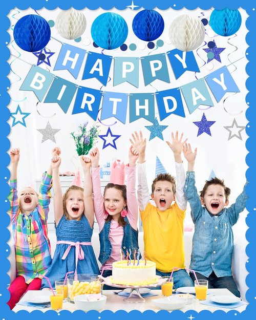 Blue Happy Birthday Decorations - Banner with Honeycomb Balls & Stars | Perfect Party Decor for All Ages