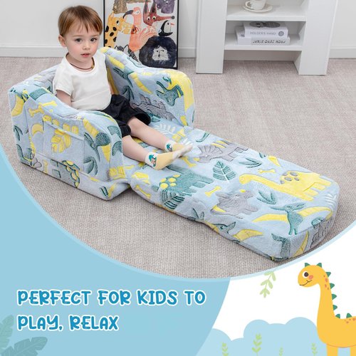 Airpanda Comfy Toddler Chair and Couch for Kids with Blanket,2-in-1 Soft Plush Fold Out Toddler Couch for Girls and Boys,Convertible Sofa to Lounger for Playroom,Glowing Dinosaur
