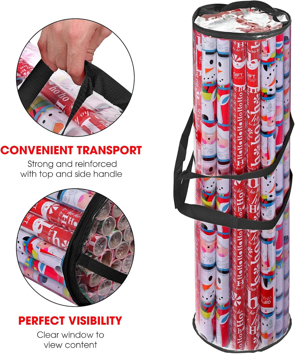 Primode Gift Wrap Organizer - Heavy Duty Wrapping Paper Storage Bag for 24 Rolls, 40 Inch Long, Clear PVC (Black)