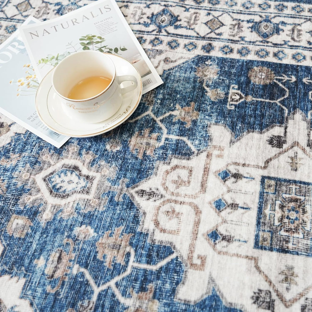 Skiennix Vintage Area Rug - Washable Indoor Soft Entryway Mat with Non-Slip Backing | 2x3, Blue