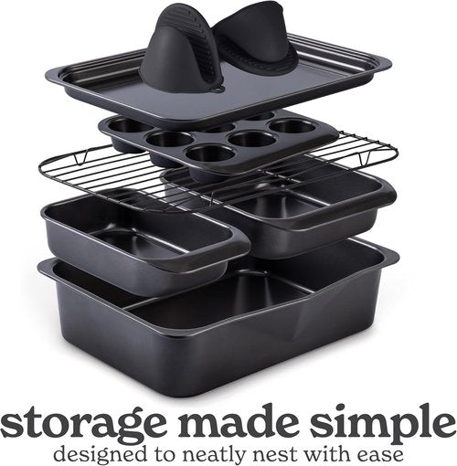 Country Kitchen Nonstick Bakeware Set - Deluxe Heavy-Duty, Easy Release, 8-Piece Set in Black