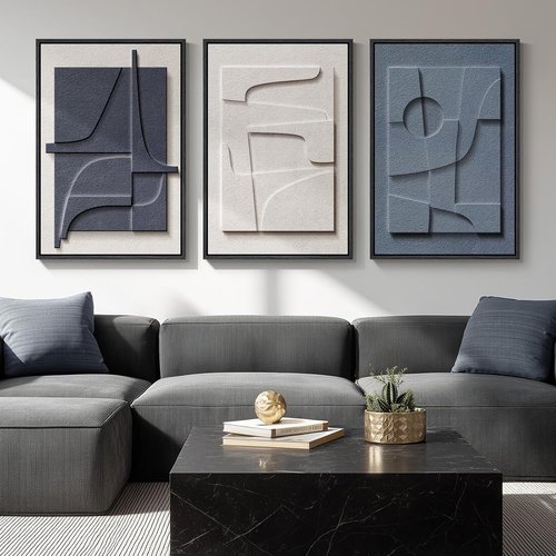 Framed 3D Textured Blue & White Abstract Wall Art by [Brand Name] | Modern 3-Piece Geometric Decor 20x30 In