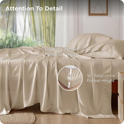 Bedsure Queen Sheet Set - Cooling Bamboo Rayon Sheets | Soft, Breathable Luxury Bedding in Beige