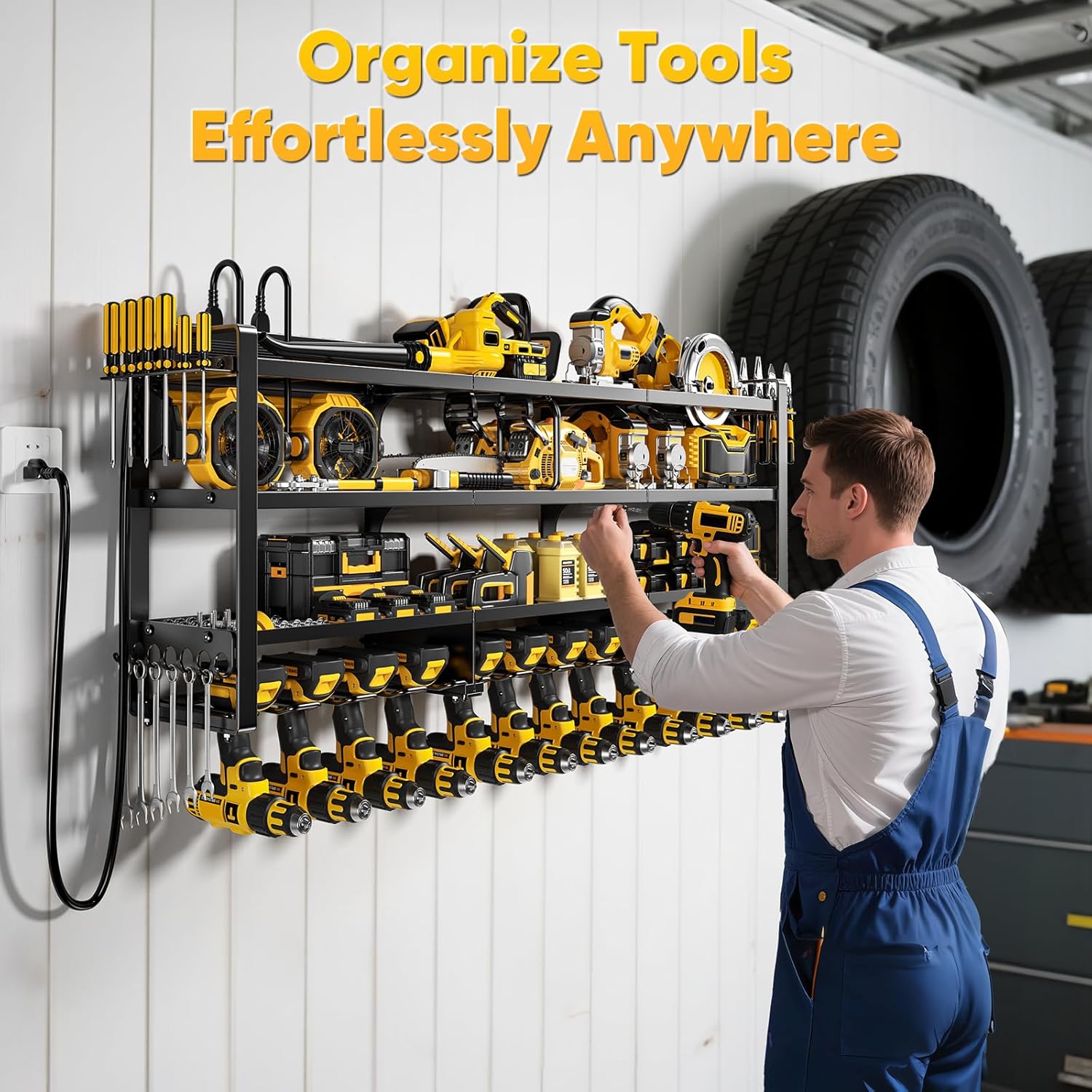 POKIPO Power Tool Organizer - 49.5" Wall Mount with Charging Station & 8 Outlet Power Strip | Heavy Duty 4 Tier Storage for 12 Cordless Drills