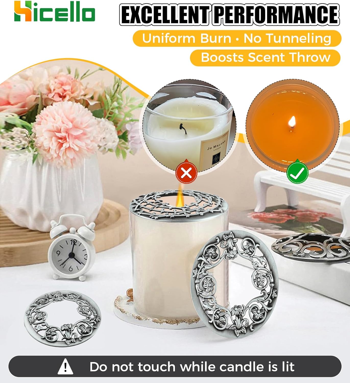 Skiennix Candle Toppers - Set of 2 Silver Metal Lids with Floral Design | Fits 80mm Yankee Candles