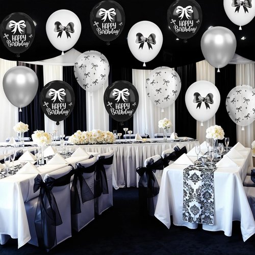 Black Bow Balloons - 30 Pcs 12-Inch Black & White Balloons for Bachelorette & Bridal Party Decor