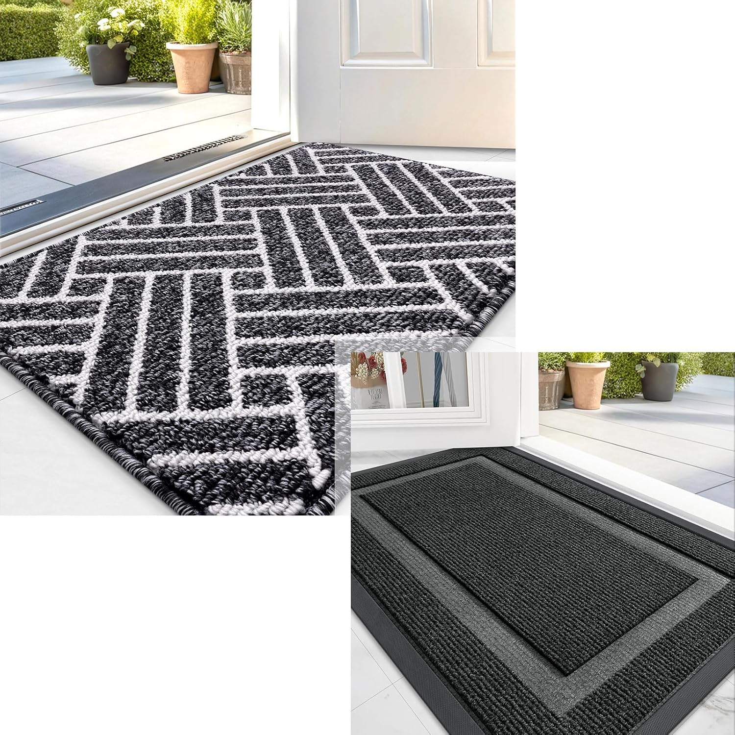 OLANLY Door Mat Set - 2-Piece Outdoor & Indoor Mats | Geometric Design, Black, 29.5x17 & 32x20 Inches