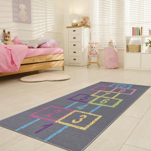 Ottomanson 2'2" x 6' Hopscotch Kids Rug - Play Mat for Playroom, Bedroom, Daycare & Classroom - Fun & Interactive Game Carpet - Durable and Non-Slip - Perfect for Learning & High-Traffic Areas, Pink
