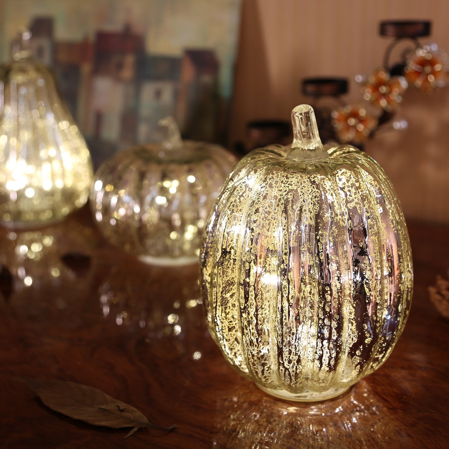 Romingo Set of 3 Glass Pumpkin Light with Timer for Halloween Pumpkin Decorations Fall and Thanksgiving Decor, Silver