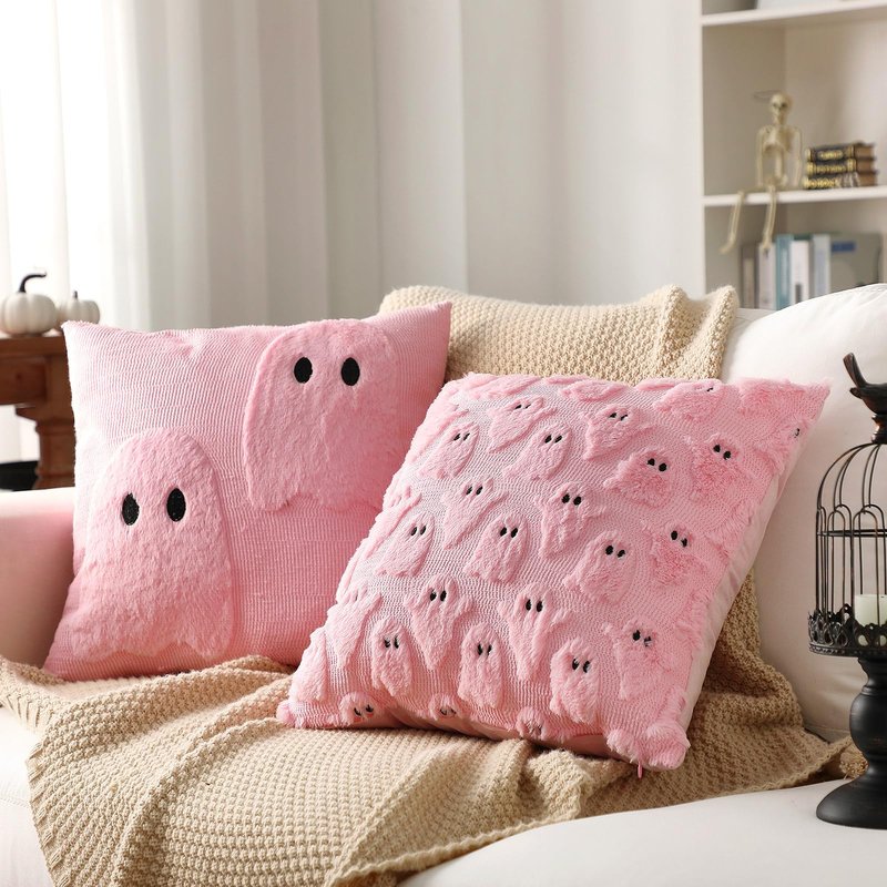 FuWeave 2 Pcs Pink Ghost Halloween Throw Pillows Cover 18 x 18 Cute Ghost Throw Pillowcase Embroidery Plush Furry Spooky Decorative Cushion Cover Pastel Pink Halloween Decoration for Home Sofa Bedroom